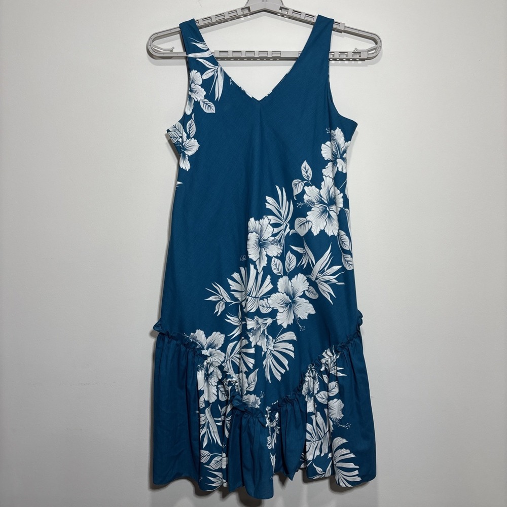 Vintage Royal Creations Hawaii Teal Cotton Dress Hibiscus Hawaii Made Size M